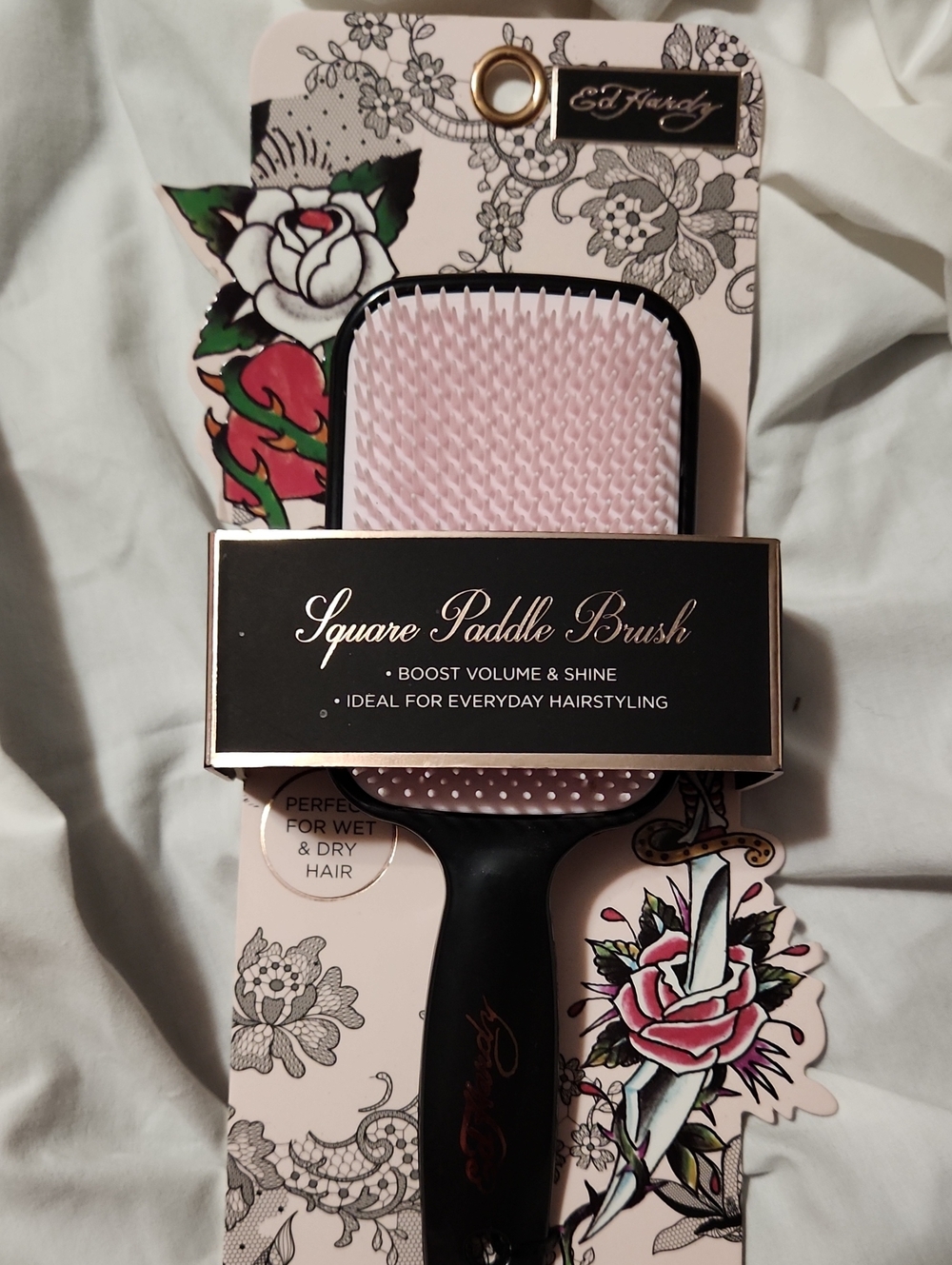 Ed Hardy Light Pink Square Paddle Brush with Black Handle